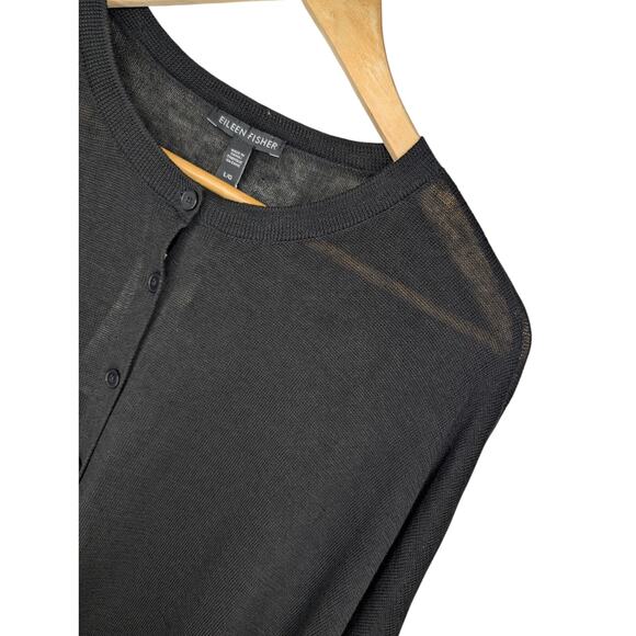 Eileen Fisher Black Round Neck Cardigan Organic Linen Cotton Blend - Picture 3 of 7